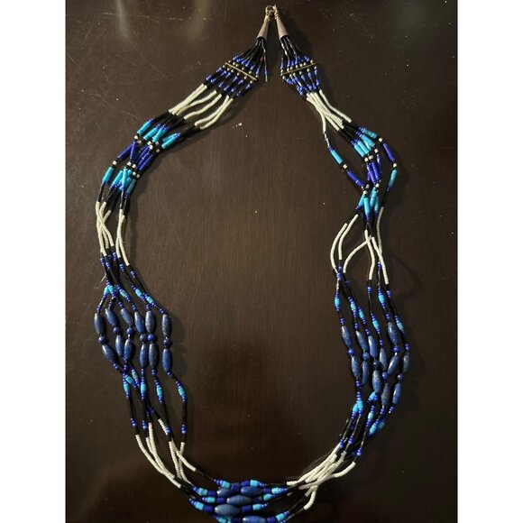 Vintage 925 Lapis Lazuli Native American Necklace Blue Mixed Beads Free Spirit - Picture 2 of 9